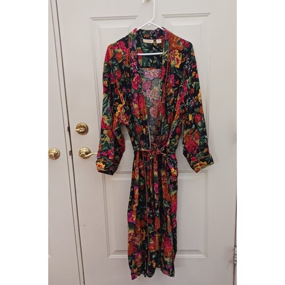 Vintage Victoria's Secret Black Floral Rayon Long Robe Size L Gold Label